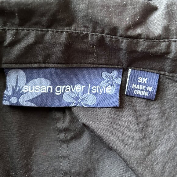 Susan Graver Style Black Button Up Collared Shirt Top Sz XL Cotton Lace Pin Tuck - Picture 9 of 9